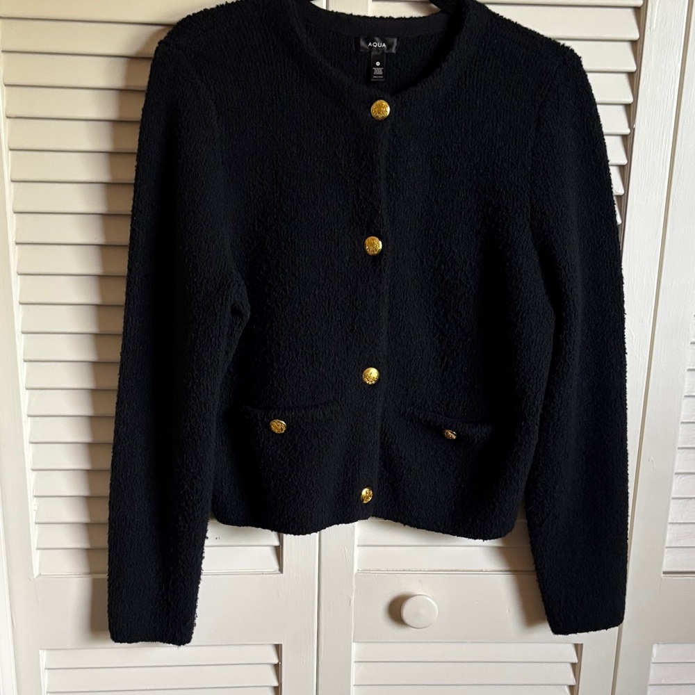 Aqua Black Textured Blazer with Gold Buttons